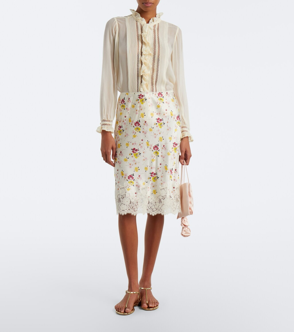Dôen Elowette lace-trimmed silk satin midi skirt