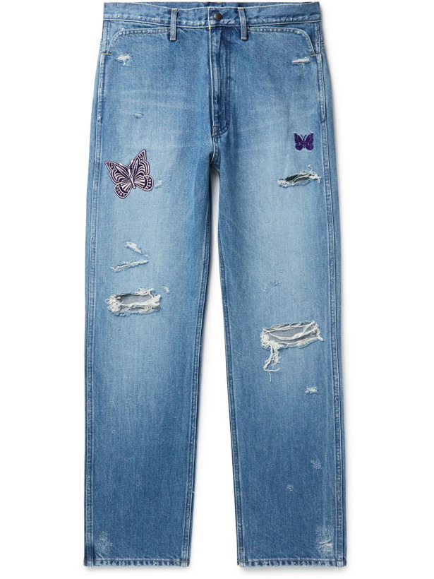 Photo: Needles - Straight-Leg Embellished Distressed Jeans - Blue