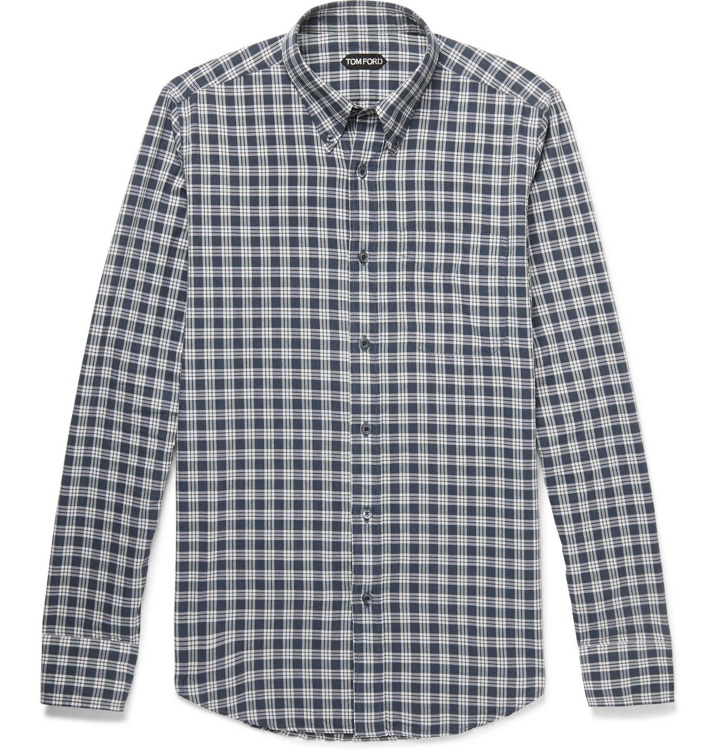 Photo: TOM FORD - Rady Slim-Fit Button-Down Collar Checked Cotton-Voile Shirt - Blue