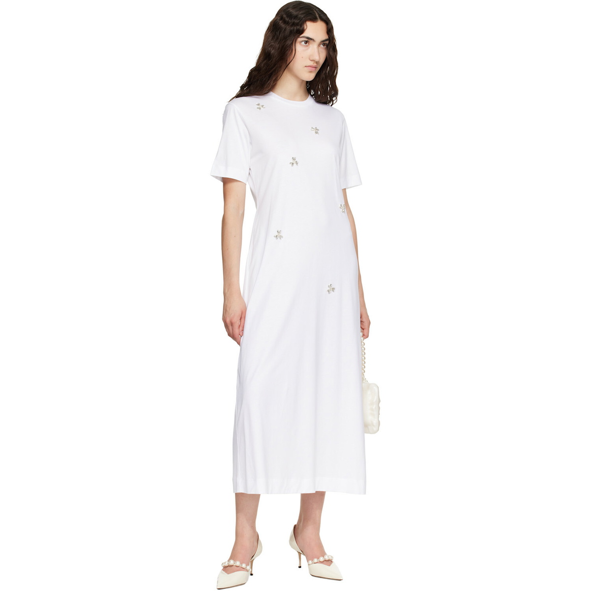 Simone Rocha White Easy Embellished T-shirt Midi Dress
