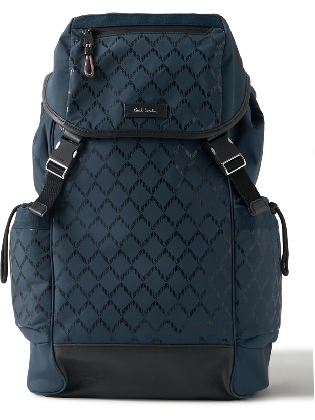 Photo: PAUL SMITH - Leather-Trimmed Logo-Print Shell Backpack - Blue