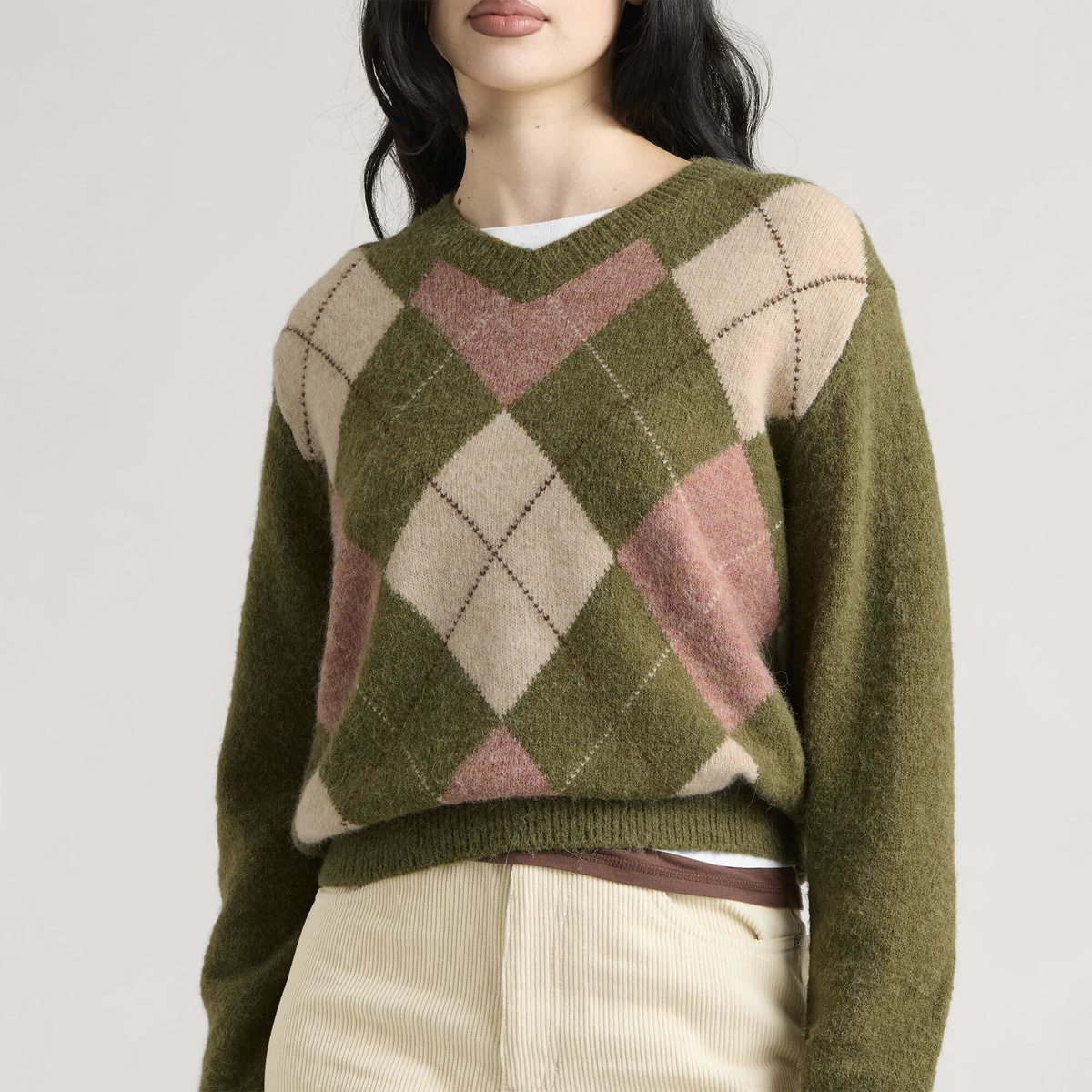 DUNST Women's Alpaca Argyle Jumper in Olive Khaki
