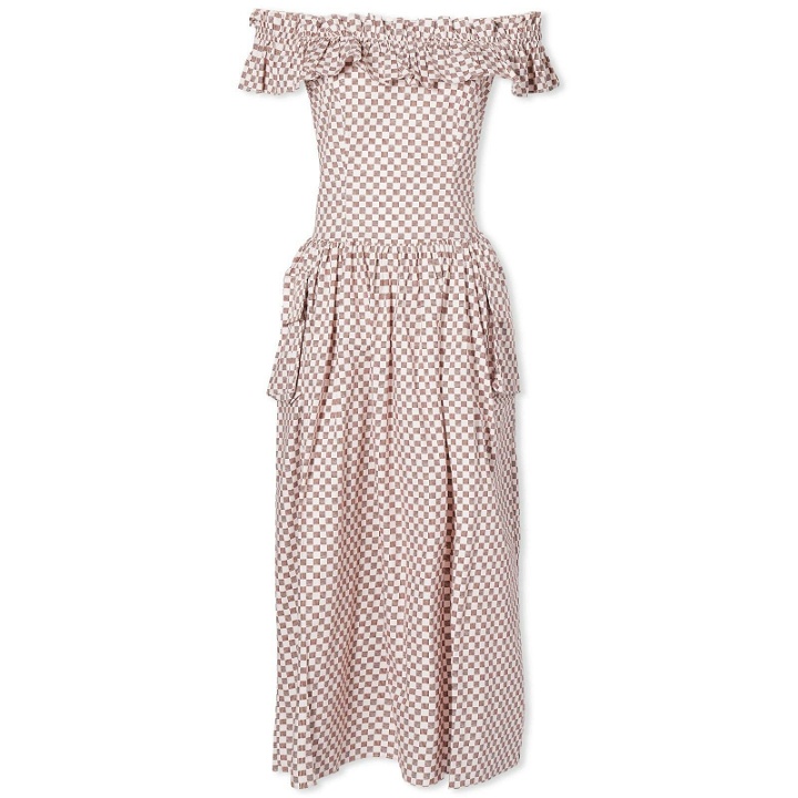 Photo: Shrimps Women's Off Shoulder Frill Pocket Check Midi Dress in Pearl Pink/Brown Check