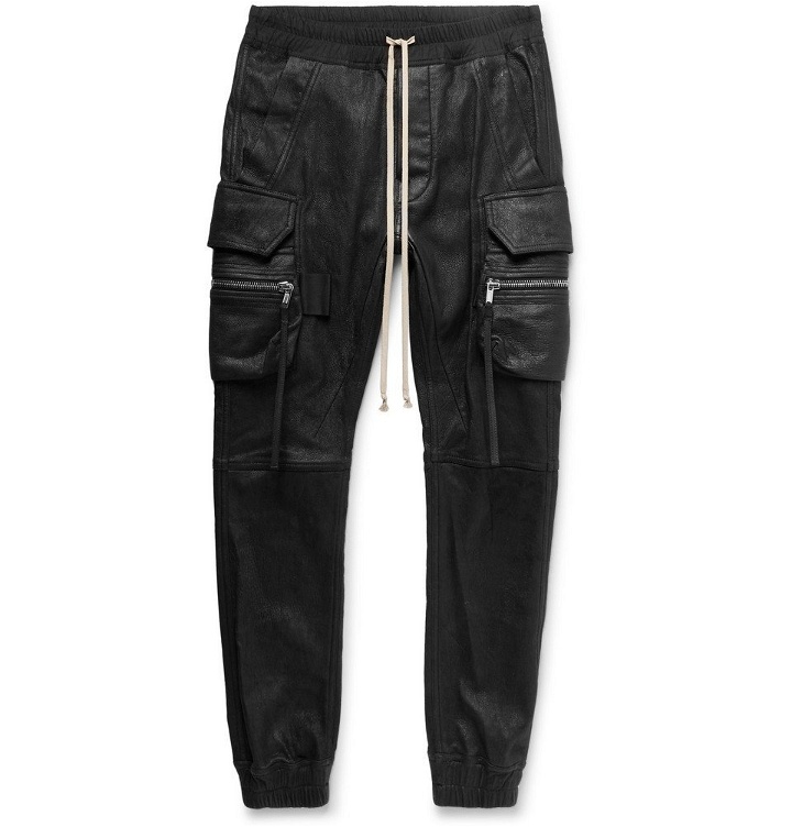 Photo: Rick Owens - Slim-Fit Tapered Stretch Leather and Cotton-Blend Cargo Trousers - Men - Black