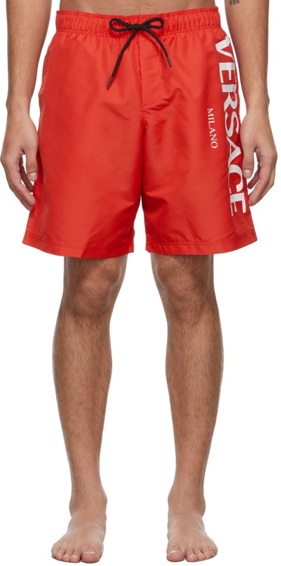 Photo: Versace Underwear Red Logo Long Swim Shorts