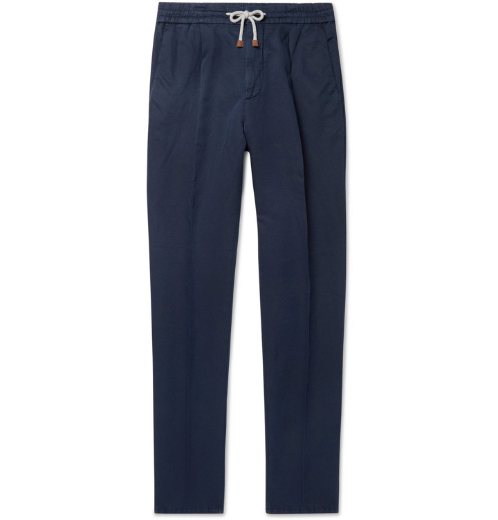 Photo: Brunello Cucinelli - Slim-Fit Pleated Cotton and Linen-Blend Drawstring Trousers - Blue