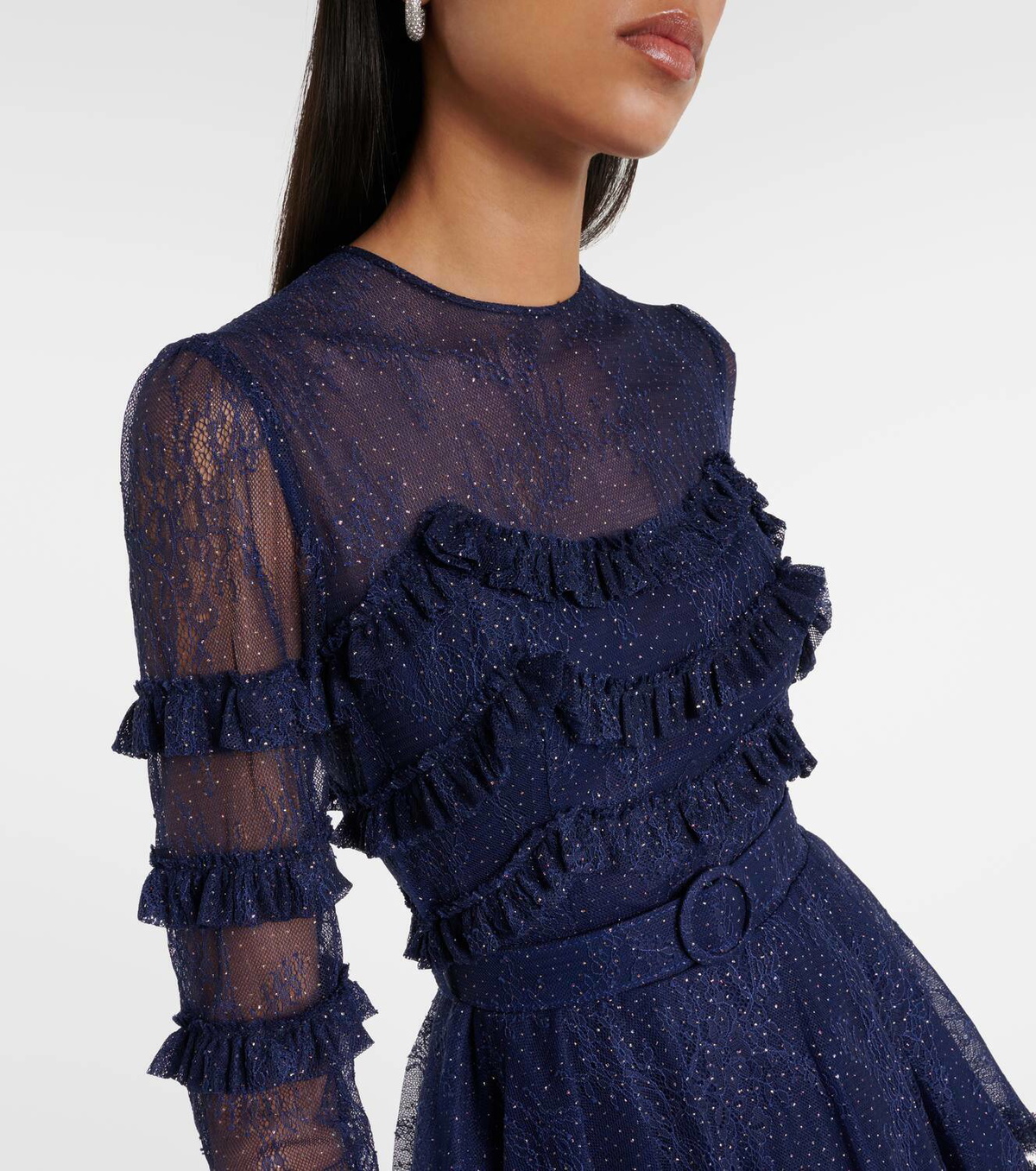 Costarellos Frill-trimmed tiered lace gown