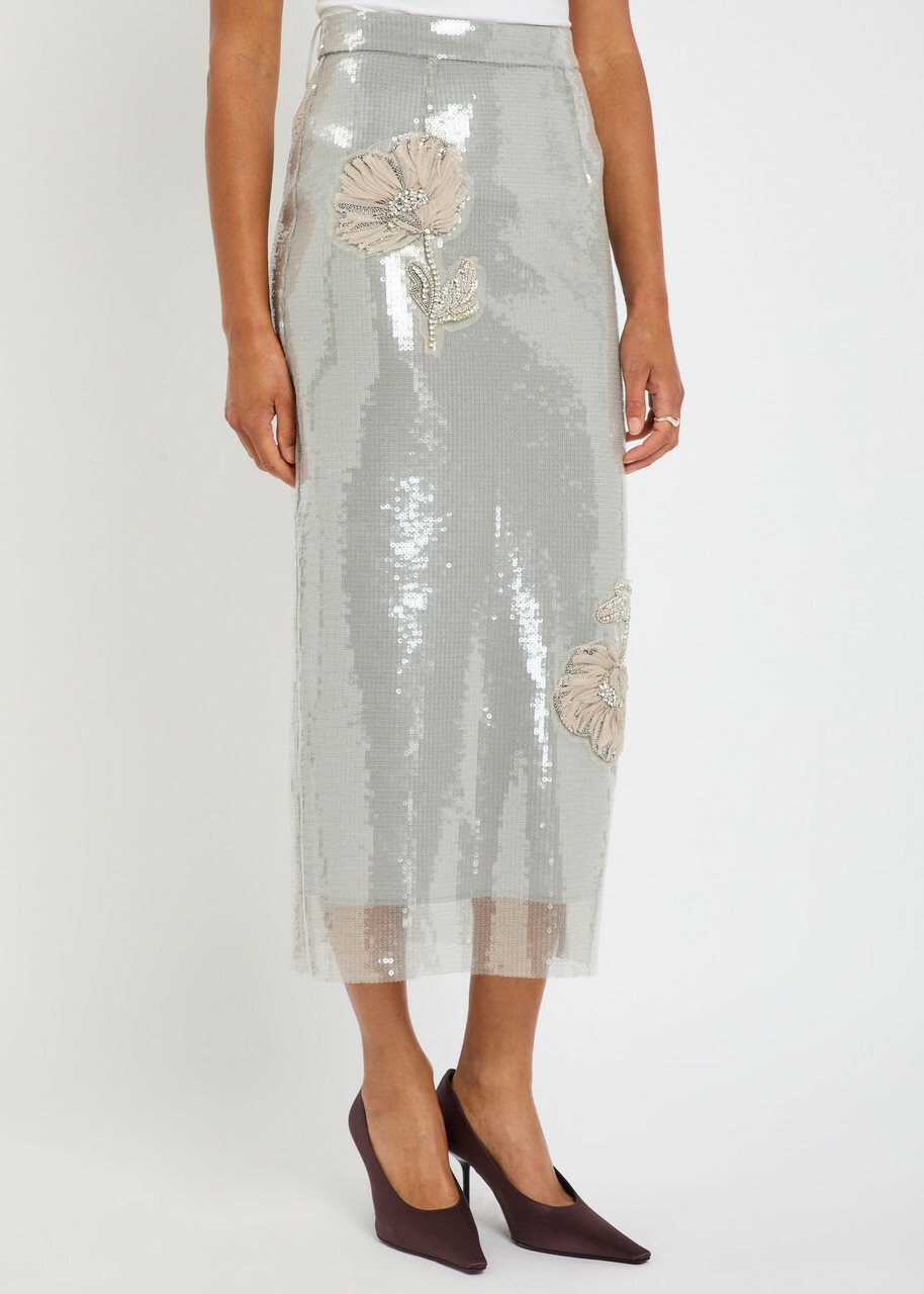 Huishan Zhang Oakley Floral-appliquéd Sequin Midi Skirt Silver