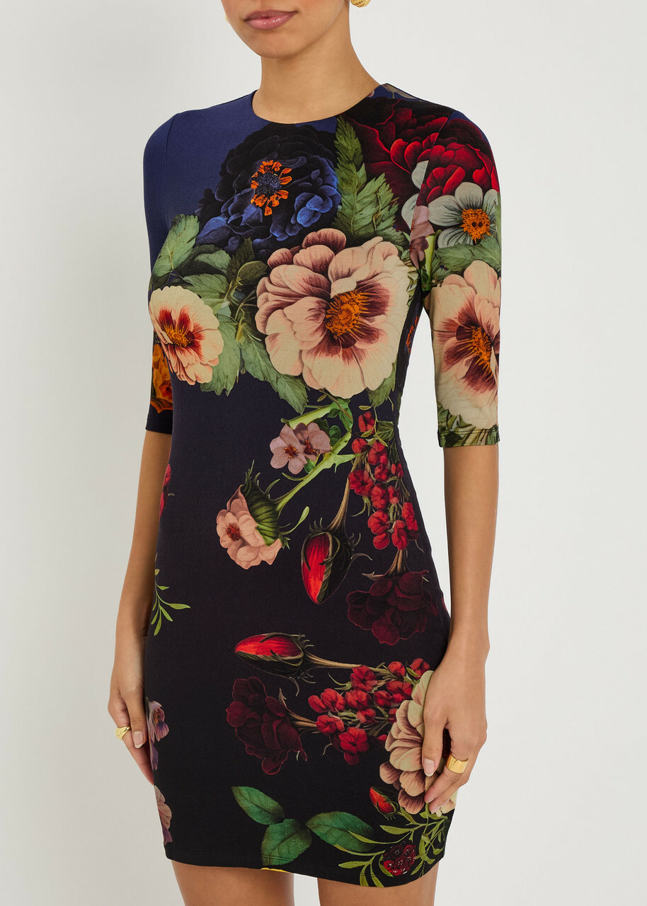 Alice + Olivia Delora Floral-print Jersey Mini Dress Black