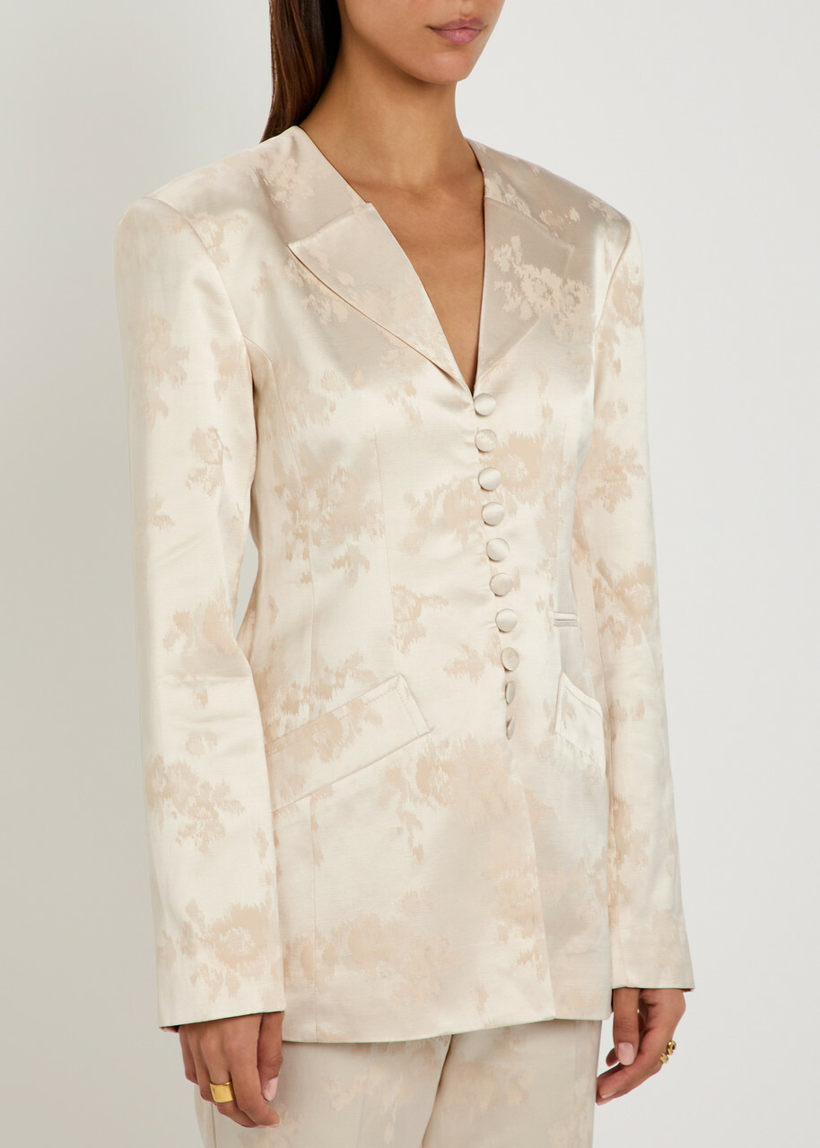 Ganni Floral-jacquard Satin Blazer White