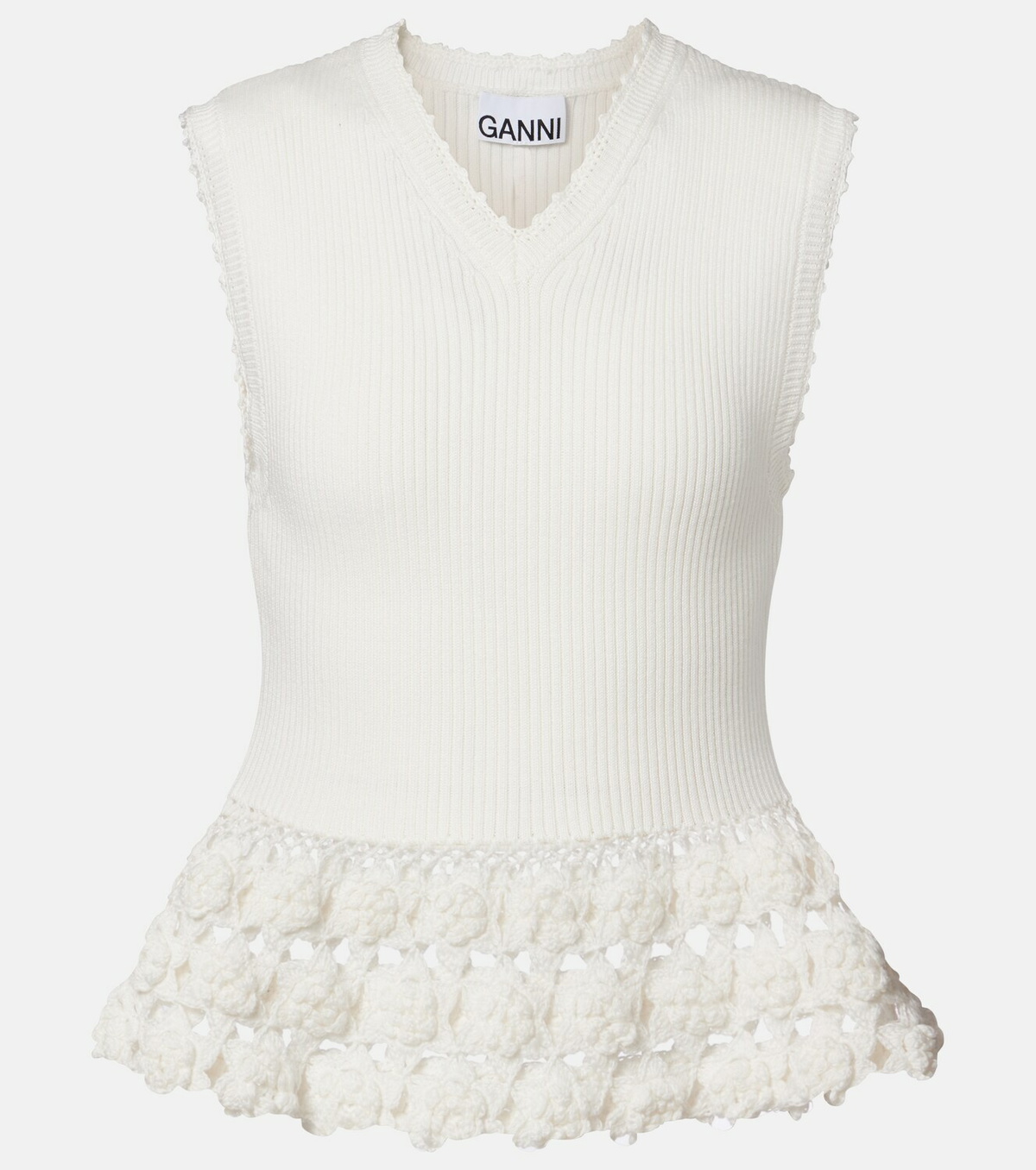 Ganni Crochet-trimmed ribbed cotton-blend top