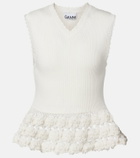 Ganni Crochet-trimmed ribbed cotton-blend top