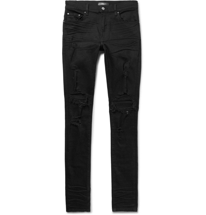 Photo: AMIRI - Thrasher Skinny-Fit Distressed Stretch-Denim Jeans - Men - Black