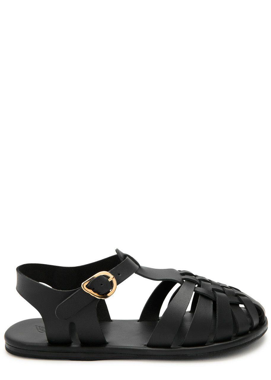 年末のプロモーション特価！ Woven Karina Sandals Greek Ancient Leather Black Sandals 靴