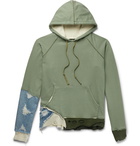 Greg Lauren - Fragment Distressed Panelled Cotton-Jersey and Denim Hoodie - Green