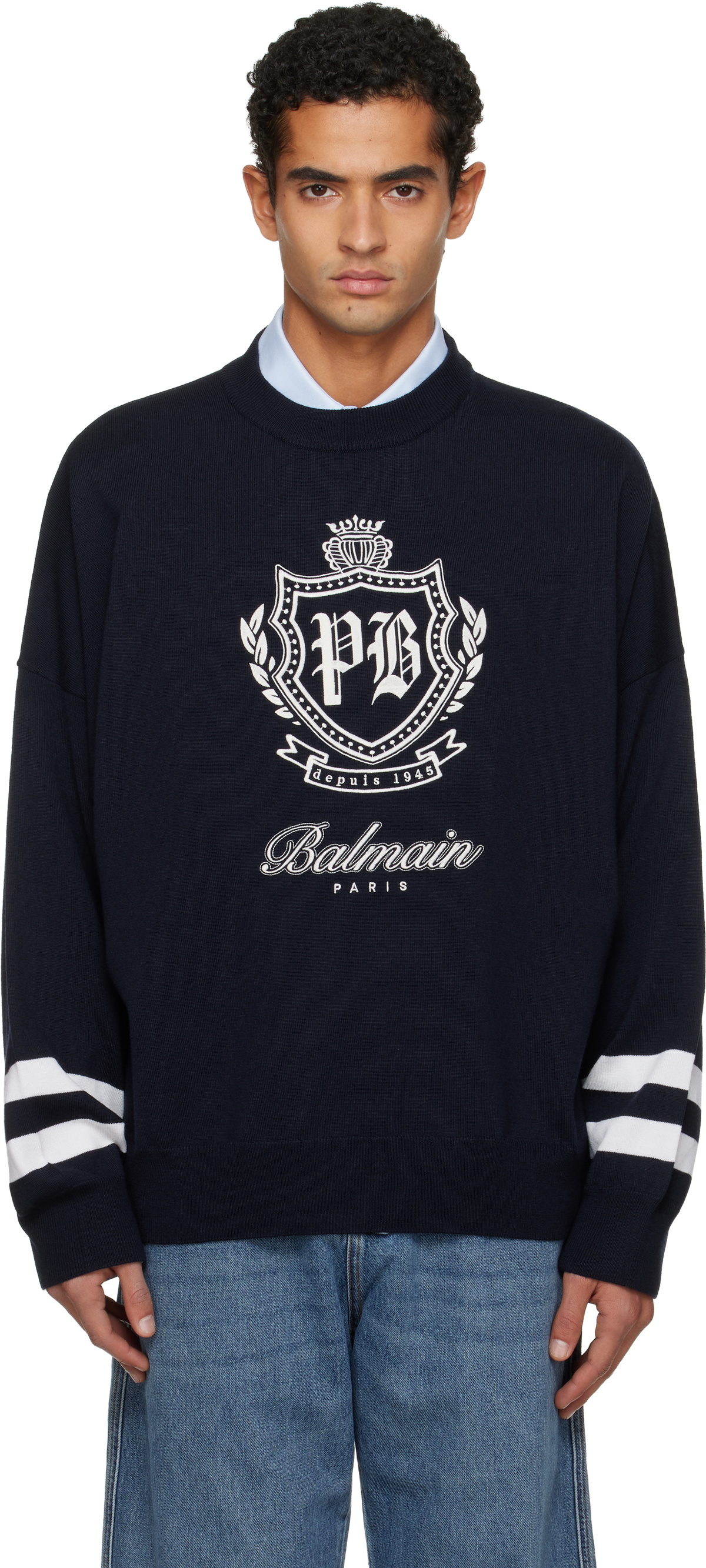 Balmain Navy College Emblem Knit Sweater