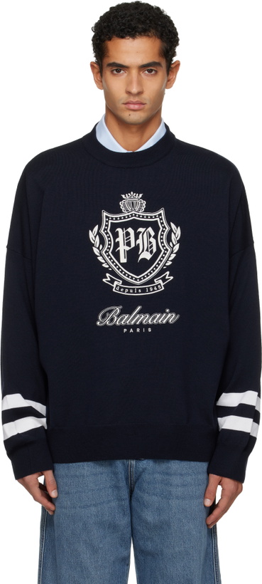 Photo: Balmain Navy College Emblem Knit Sweater