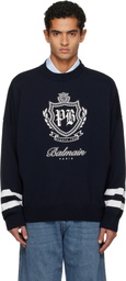 Balmain Navy College Emblem Knit Sweater