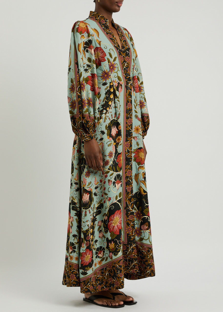 Farm Rio Floral-print Twill Maxi Dress Blue