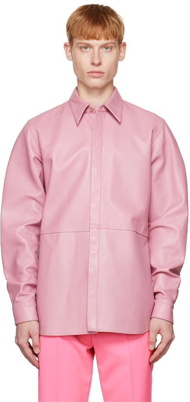 Photo: Dries Van Noten Pink Button-Down Leather Jacket