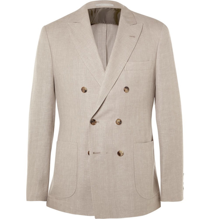 Photo: Brunello Cucinelli - Stone Double-Breasted Linen, Wool and Silk-Blend Blazer - Stone