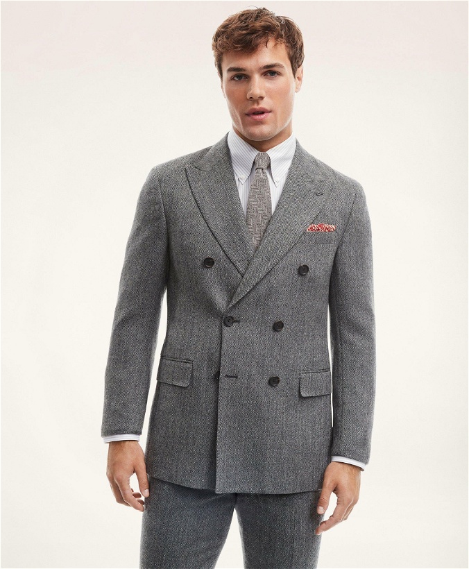 Photo: Brooks Brothers Men's Regent Fit Lambswool Double-Breasted Herringbone Suit Jacket | Black