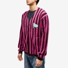 Maison Kitsuné Men's Flag Logo Intarsia Stripe Cardigan in Fuchsia/Burgundy