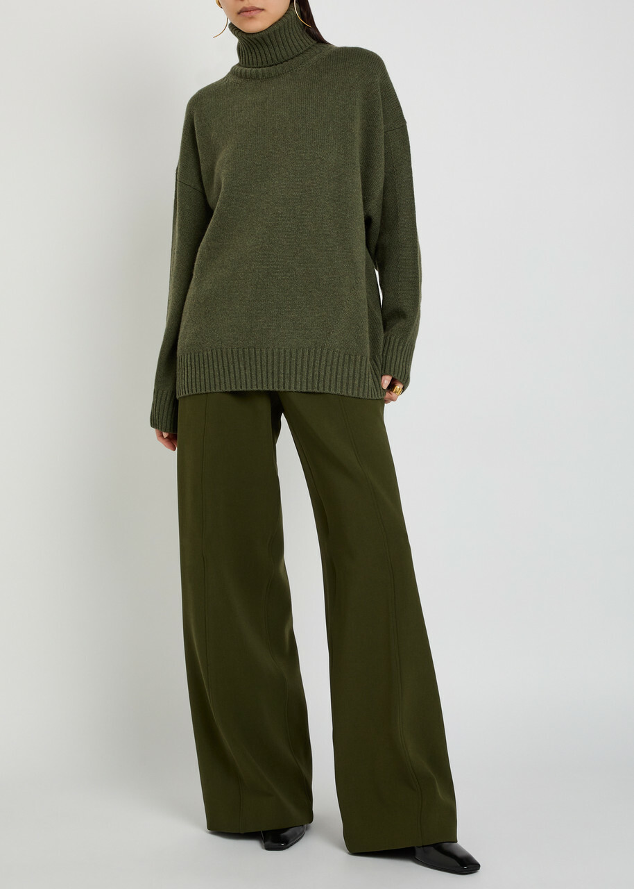 Another Tomorrow Wide-leg Stretch-wool Trousers Dark Green