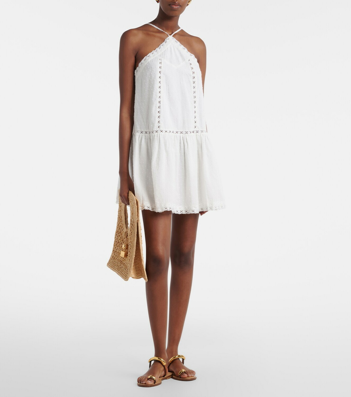 Poupette St Barth Nora lace-trimmed halterneck cotton minidress