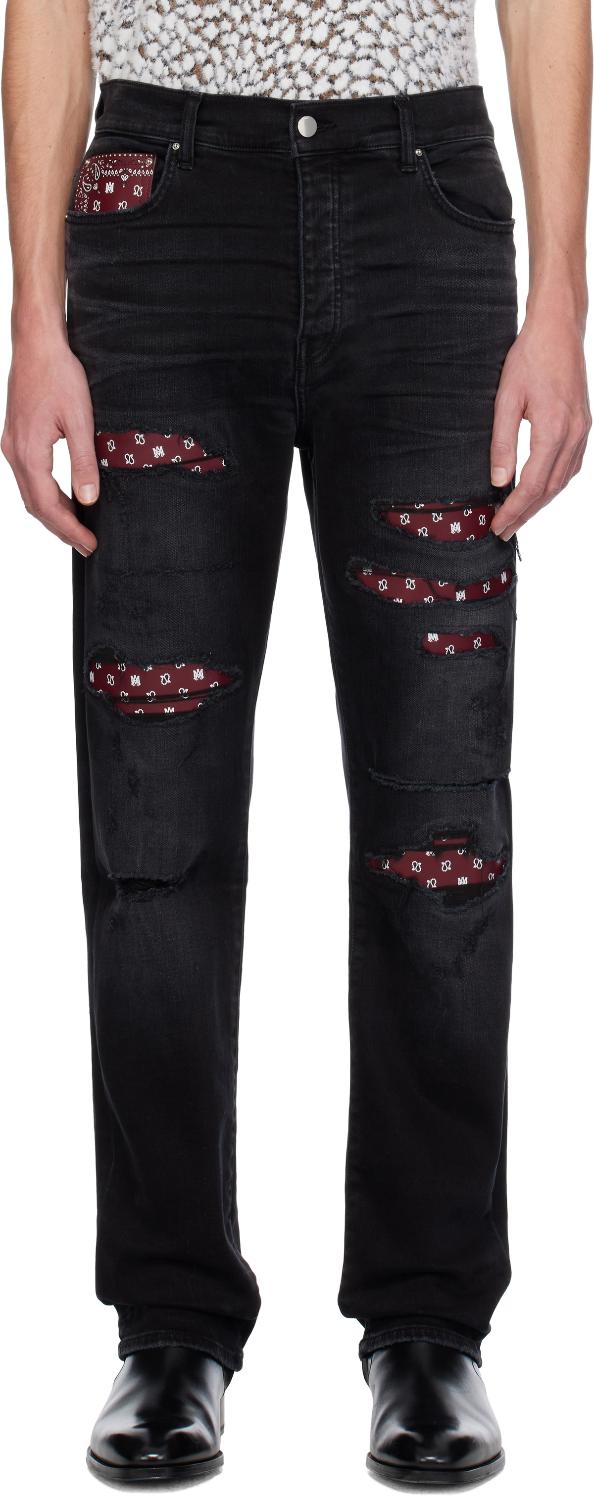 AMIRI Black Leather Bandana Repaired Slim Jeans Amiri