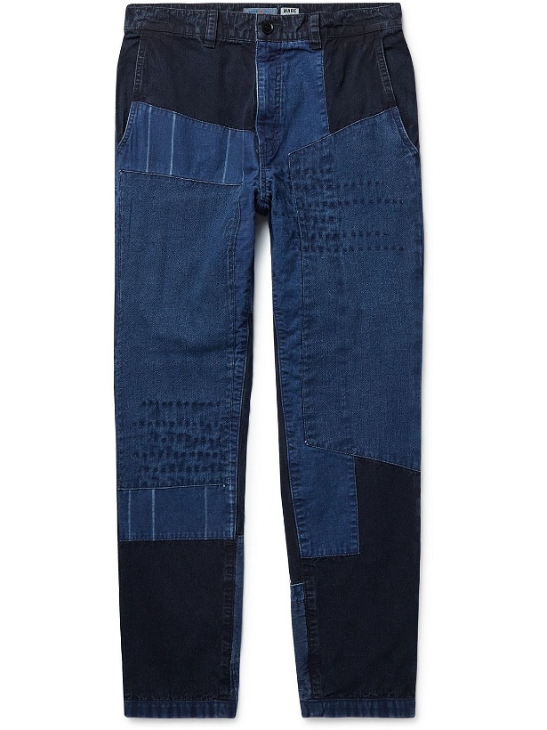 Photo: Blue Blue Japan - Cropped Slim-Fit Indigo-Dyed Patchwork Cotton Trousers - Blue