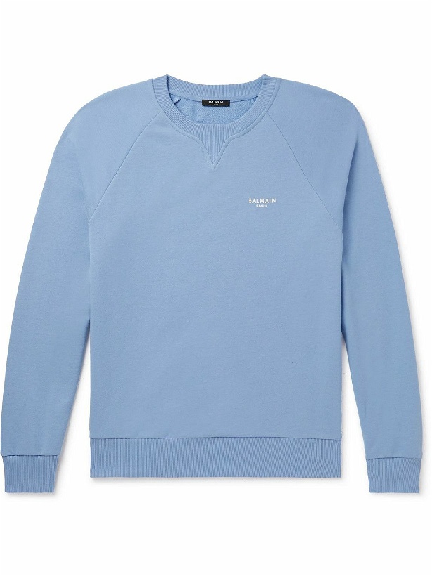 Photo: Balmain - Logo-Flocked Cotton-Jersey Sweatshirt - Blue