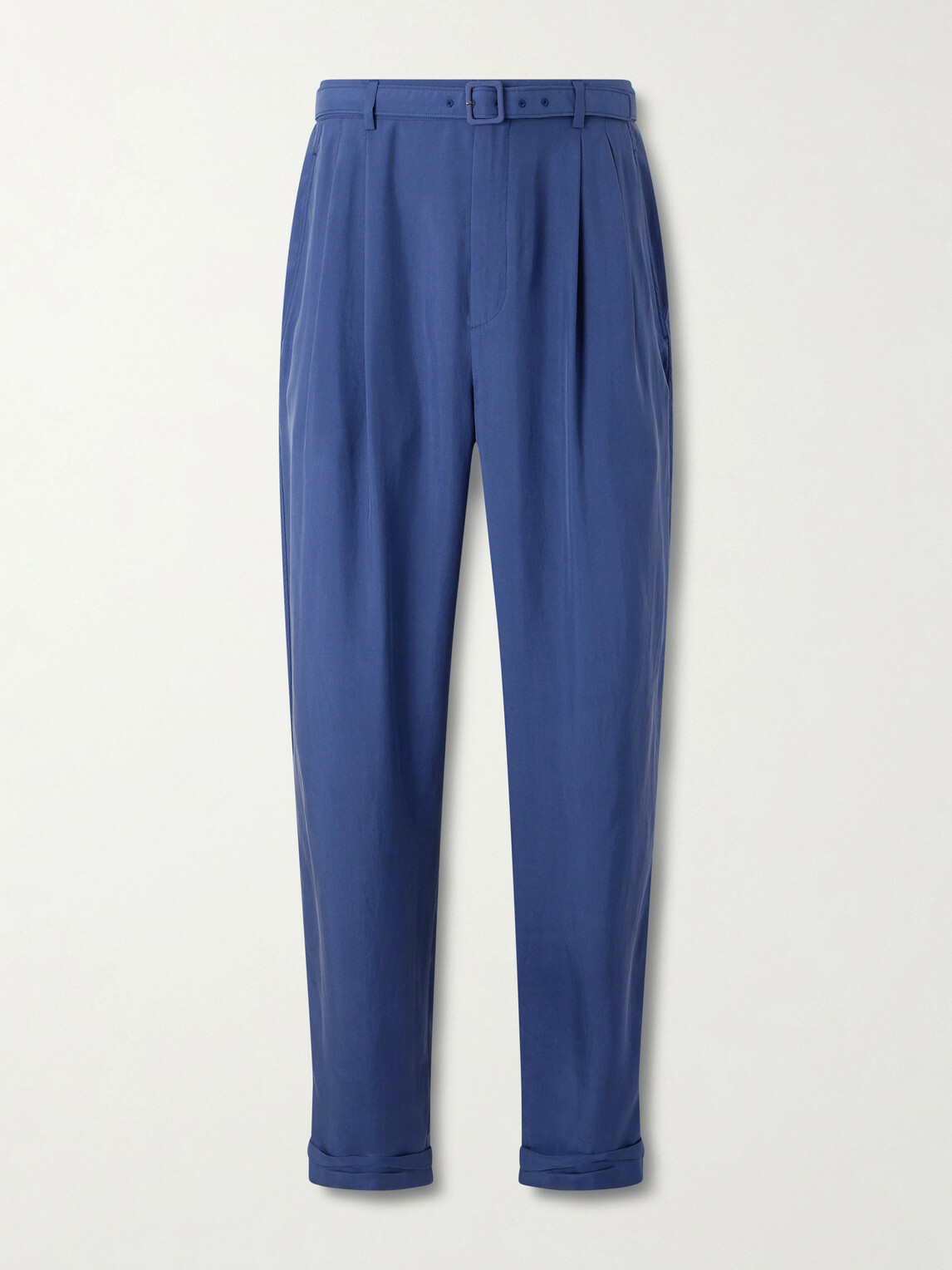 SAINT LAURENT - Tapered Belted Pleated Silk Trousers - Blue