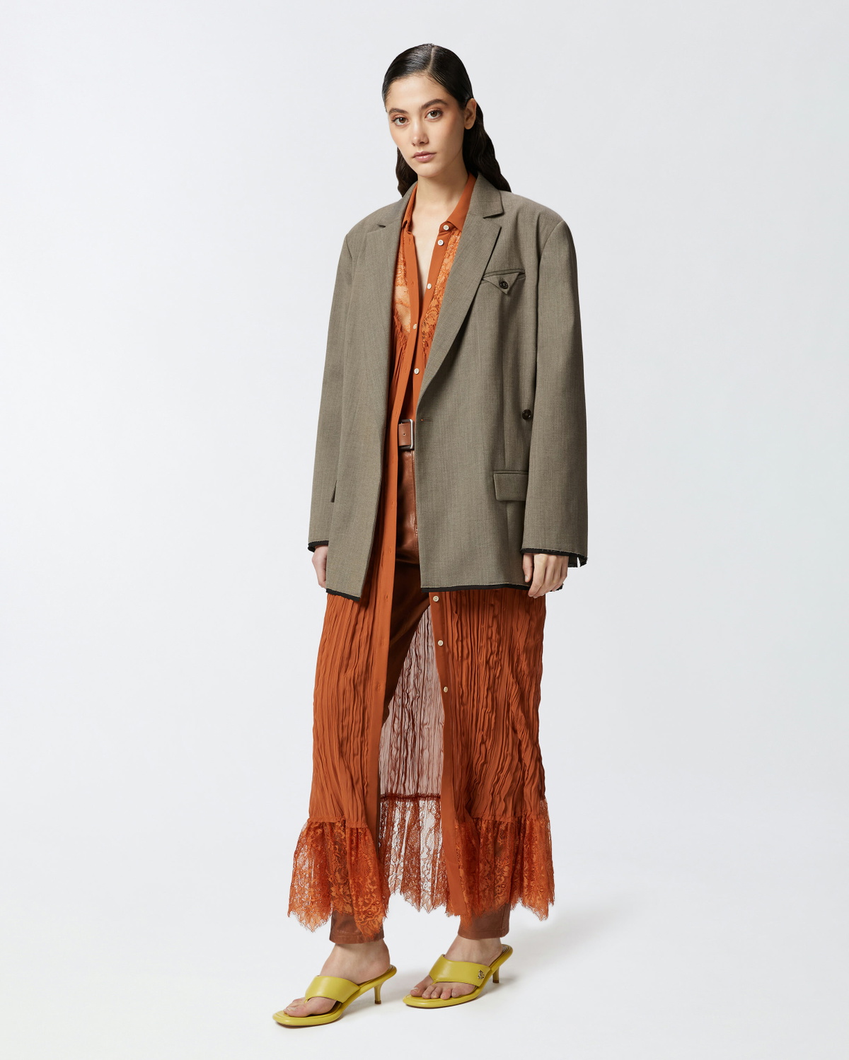 Pinko Long Shirt Dress With Lace Details Tan Brown