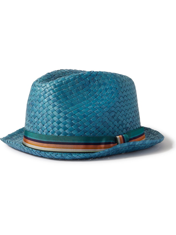 Photo: PAUL SMITH - Striped Webbing-Trimmed Woven-Straw Trilby Hat - Blue