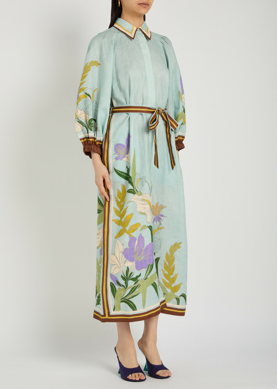 Alemais Alfie Belted Printed Linen Midi Shirt Dress Blue