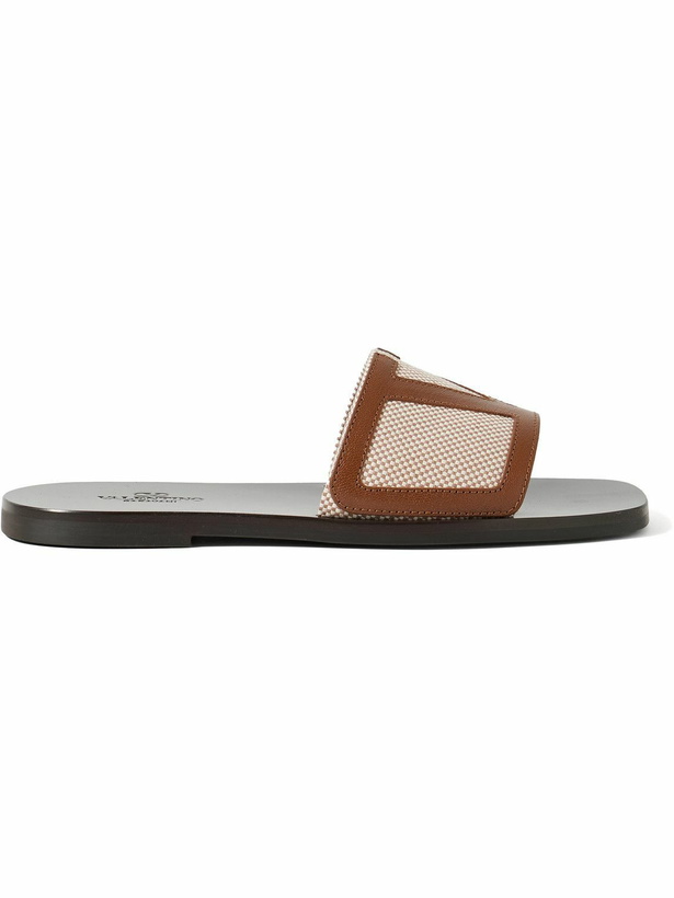 Photo: Valentino Garavani - Logo-Appliquéd Leather-Trimmed Checked Canvas Slides - Brown