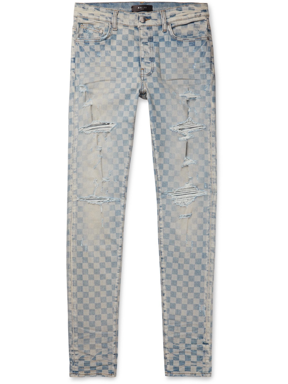 AMIRI - Thrasher Skinny-Fit Distressed Checked Denim Jeans - Blue ...