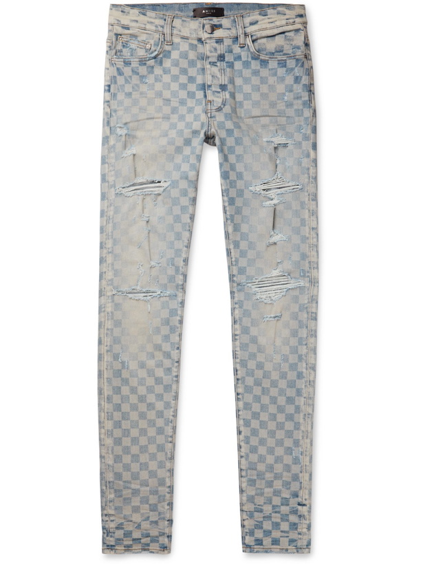 Photo: AMIRI - Thrasher Skinny-Fit Distressed Checked Denim Jeans - Blue - UK/US 28