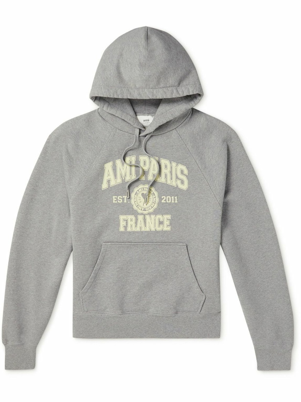 Photo: AMI PARIS - Logo-Print Cotton-Jersey Hoodie - Gray