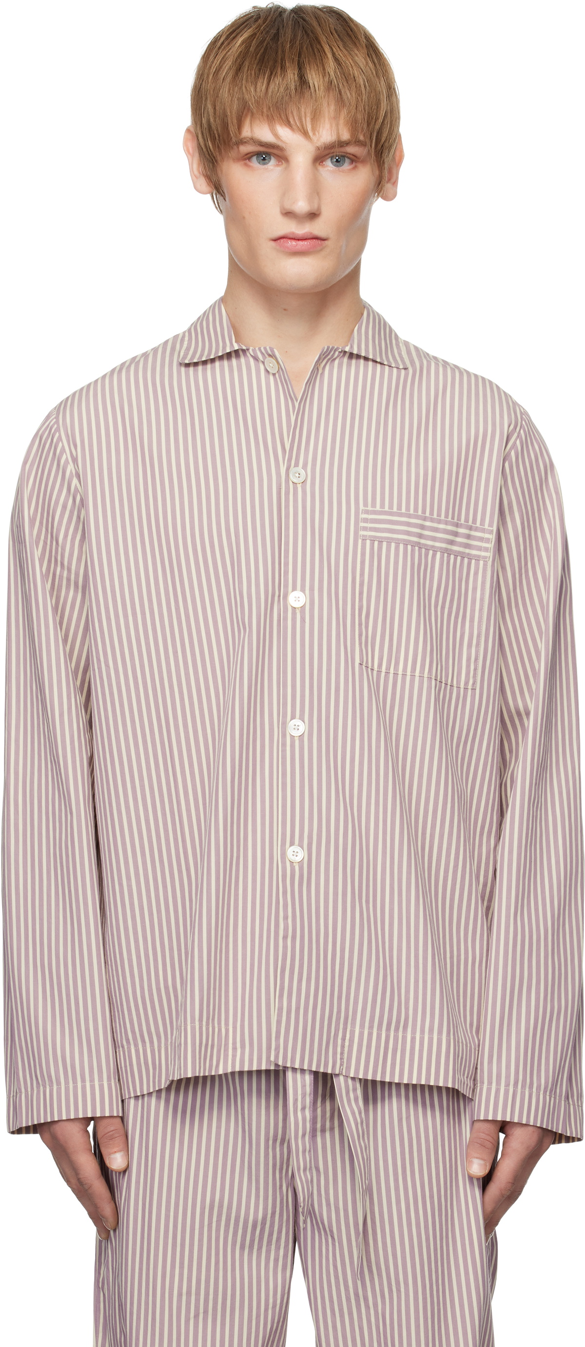 Tekla Purple & White Poplin Long-Sleeved Pyjama Shirt
