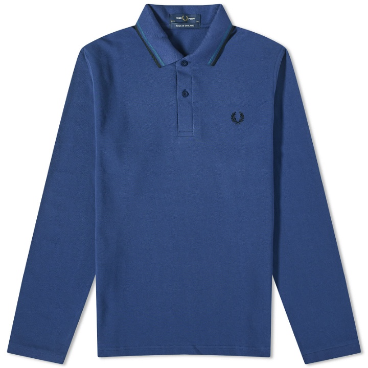 Photo: Fred Perry Men's Long Sleeve Twin Tipped Polo Shirt - Made in England in French Navy/Petrol Blue/Black