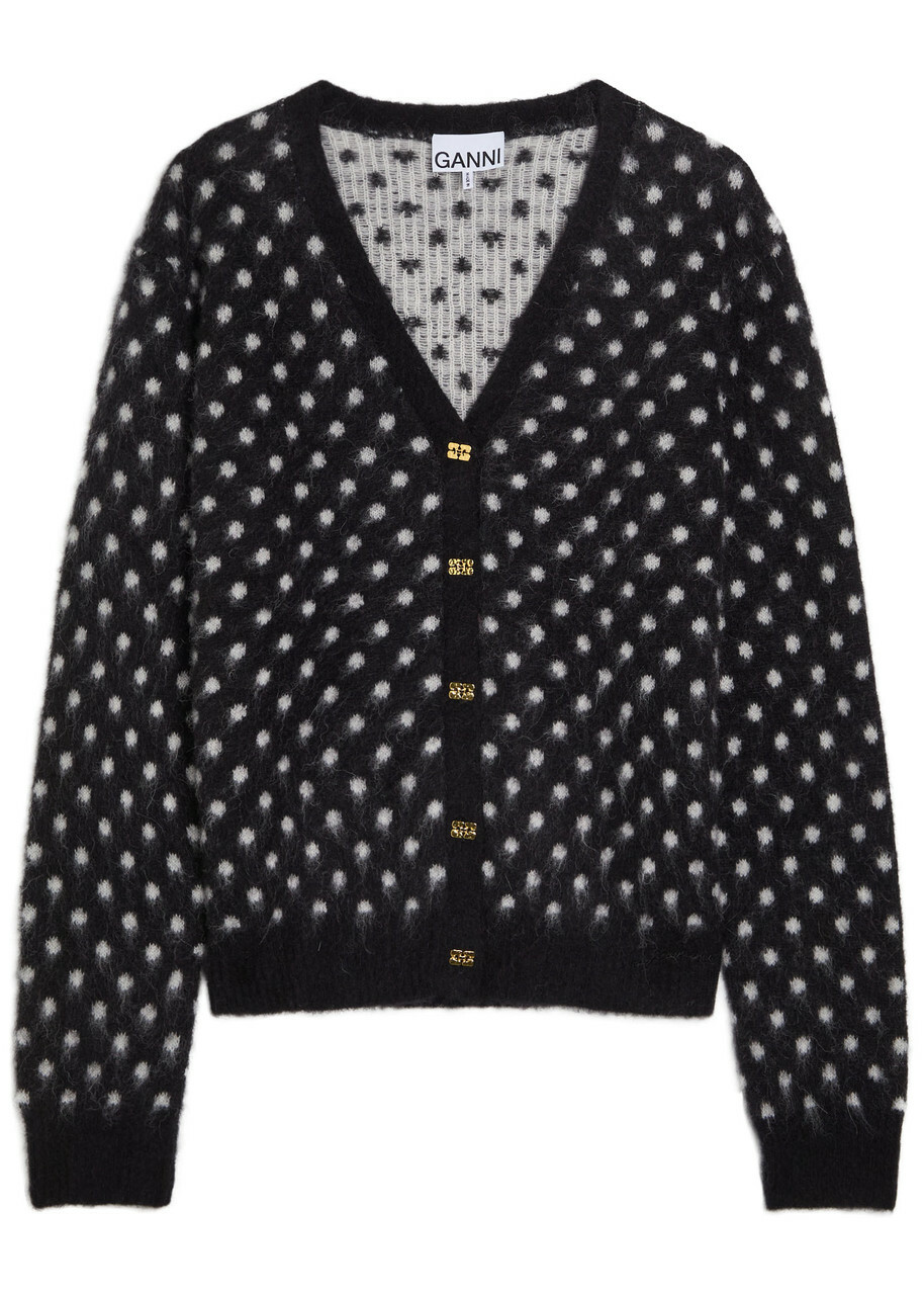 Ganni Polka dot Brushed Alpaca-blend Cardigan Black