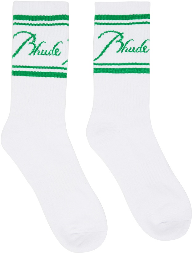Photo: Rhude White & Green Script Socks