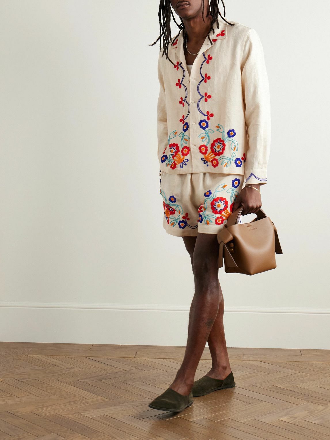 BODE - Garden Party Camp-Collar Bead-Embellished Linen Shirt - Neutrals