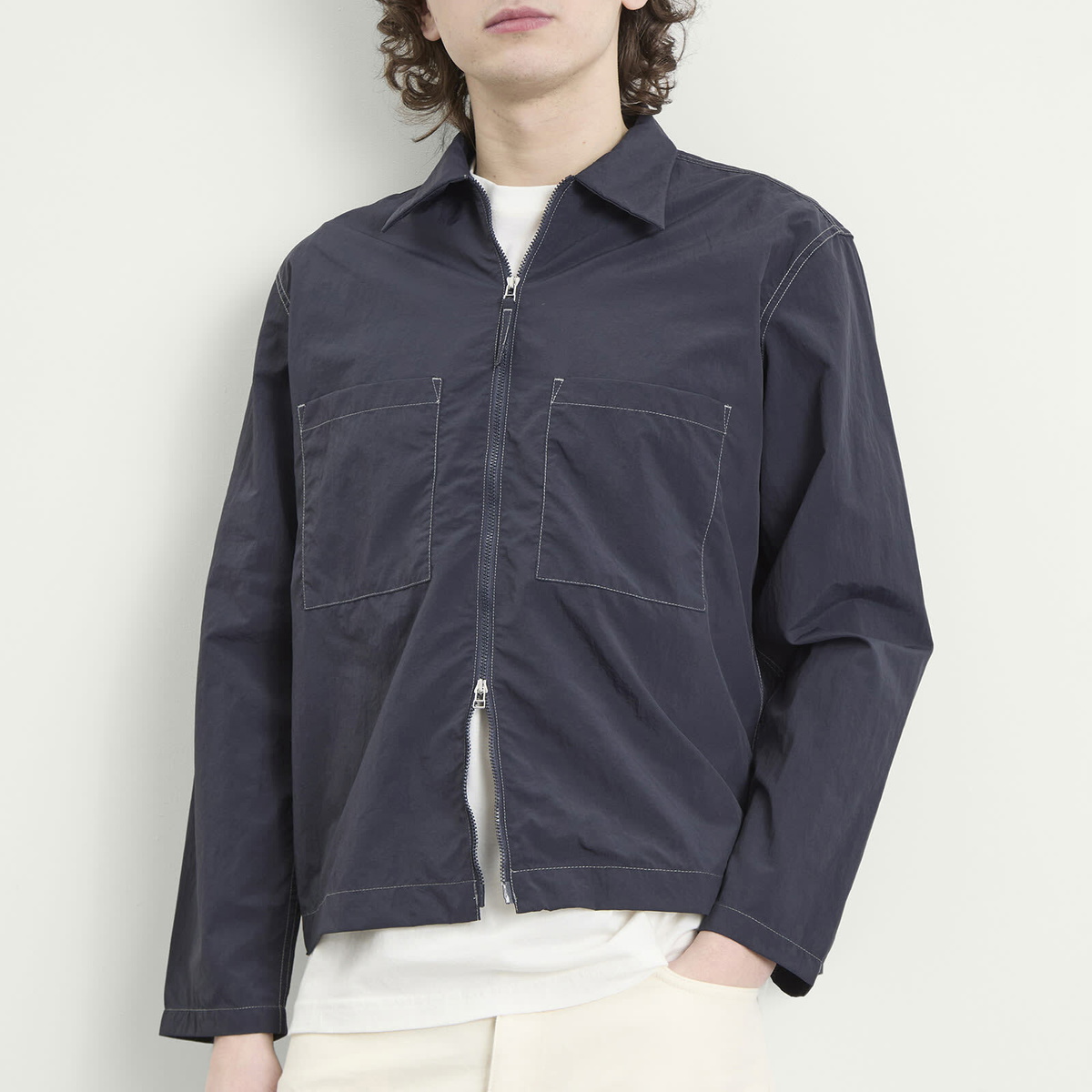 Universal Works Men's Seo Nylon Zip Too Shirt Jacket in Navy