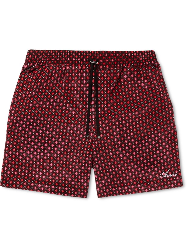 Photo: AMIRI - Wide-Leg Logo-Embroidered Printed Velour Drawstring Shorts - Red