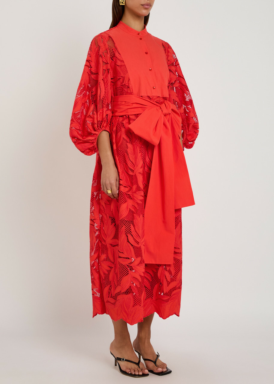 Erdem Floral Cutwork Poplin Midi Shirt Dress Orange