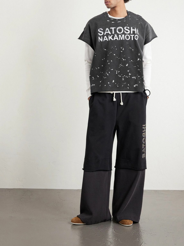 Photo: Satoshi Nakamoto - Luke Distressed Layered Logo-Print Waffle-Knit and Cotton-Jersey T-Shirt - Black