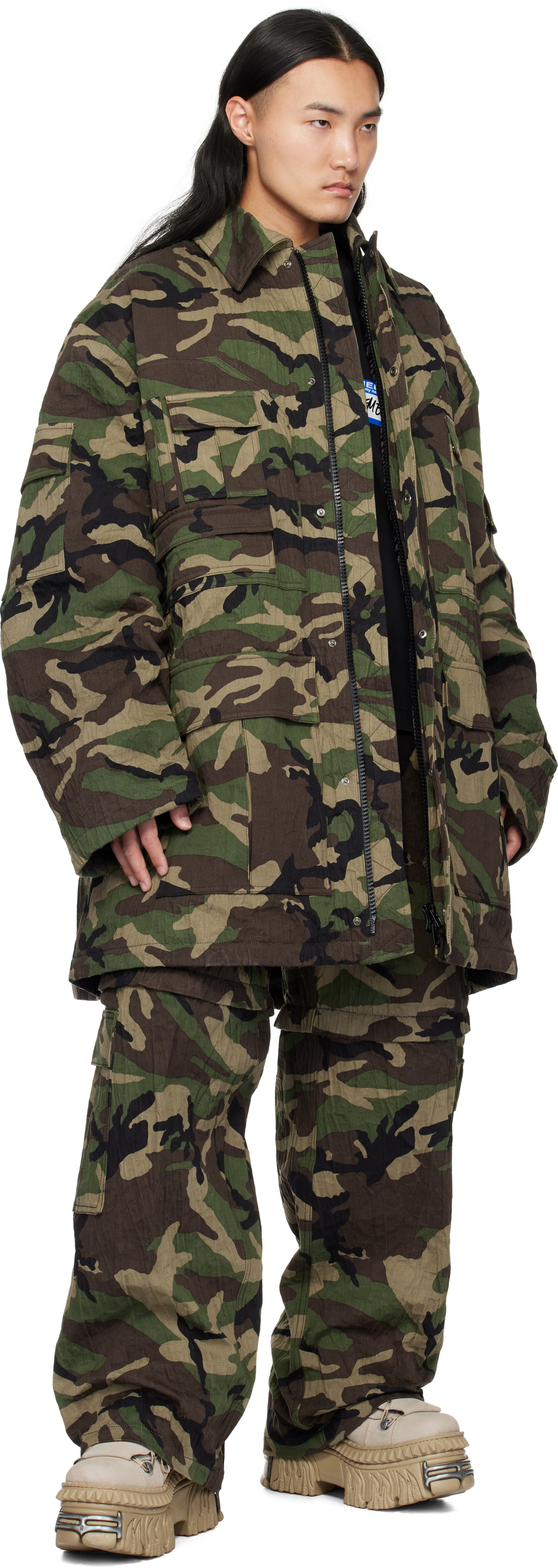 VETEMENTS Khaki Runway Metalized Wrinkled Cargo Pants Vetements